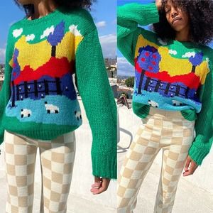 LISA SAYS GAH Campagne Green Knit Crewneck Sweater in Cottage Scene Size M/L NEW